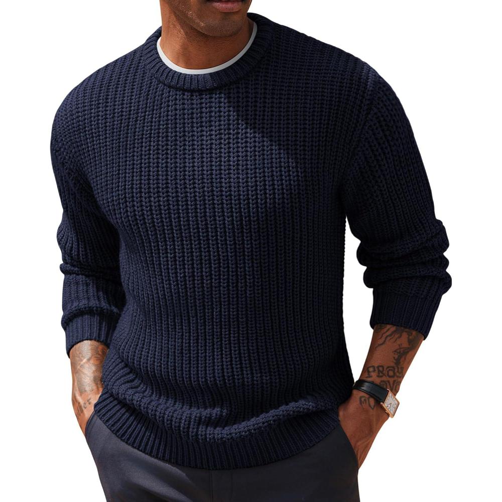 imagePJ PAUL JONES Mens Crewneck Sweater Knitted Textured Casual Pullover for WinterNavy Blue