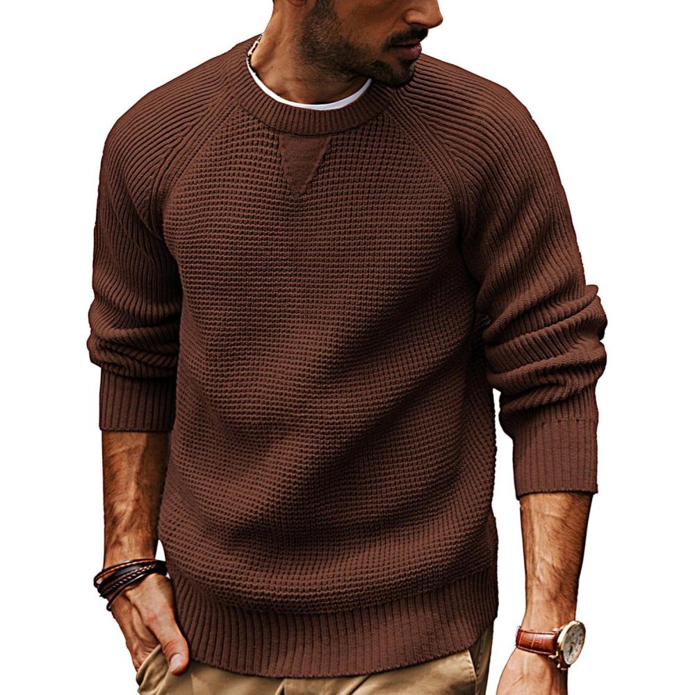 imagePJ PAUL JONES Mens Crewneck Sweater Waffle Knitted Pullover Sweaters Raglan Sleeve Knitwear SweatersCoffee
