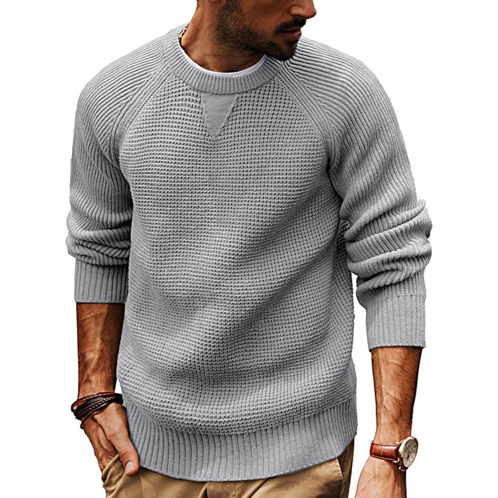 imagePJ PAUL JONES Mens Crewneck Sweater Waffle Knitted Pullover Sweaters Raglan Sleeve Knitwear SweatersGrey