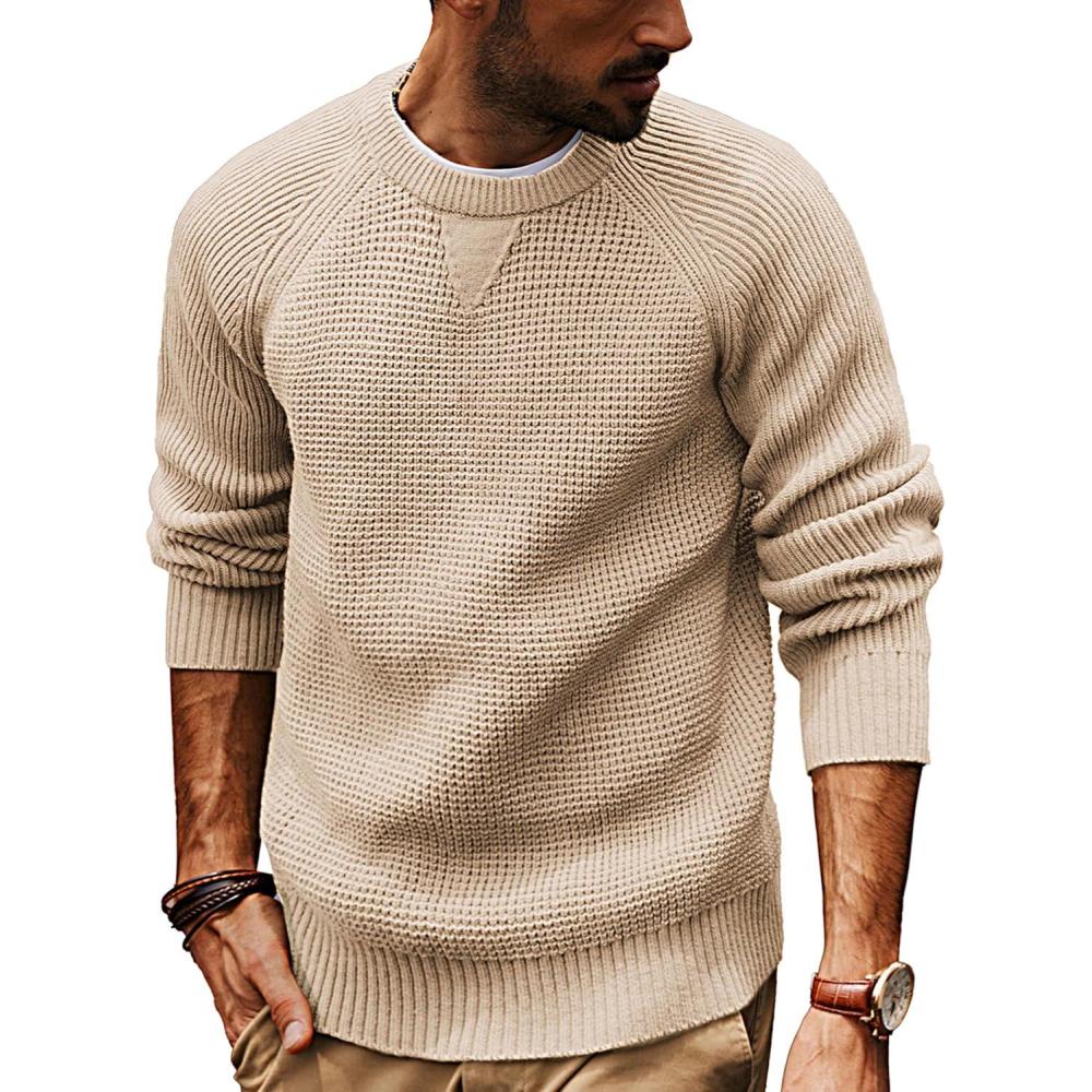 imagePJ PAUL JONES Mens Crewneck Sweater Waffle Knitted Pullover Sweaters Raglan Sleeve Knitwear SweatersKhaki