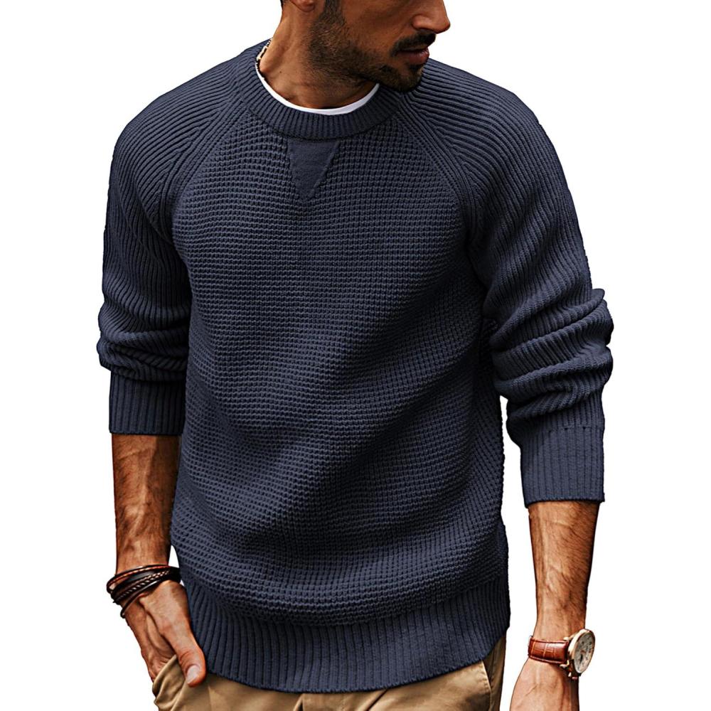 imagePJ PAUL JONES Mens Crewneck Sweater Waffle Knitted Pullover Sweaters Raglan Sleeve Knitwear SweatersNavy Blue