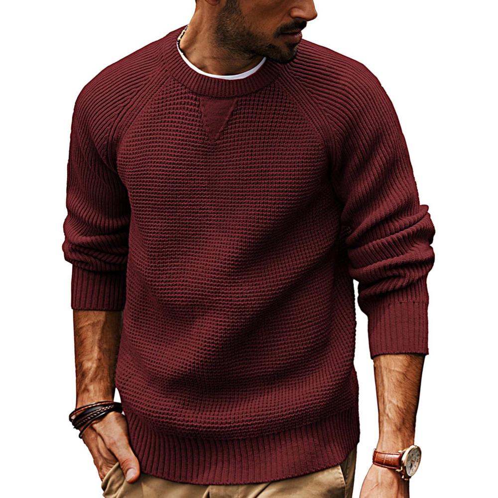imagePJ PAUL JONES Mens Crewneck Sweater Waffle Knitted Pullover Sweaters Raglan Sleeve Knitwear SweatersWine