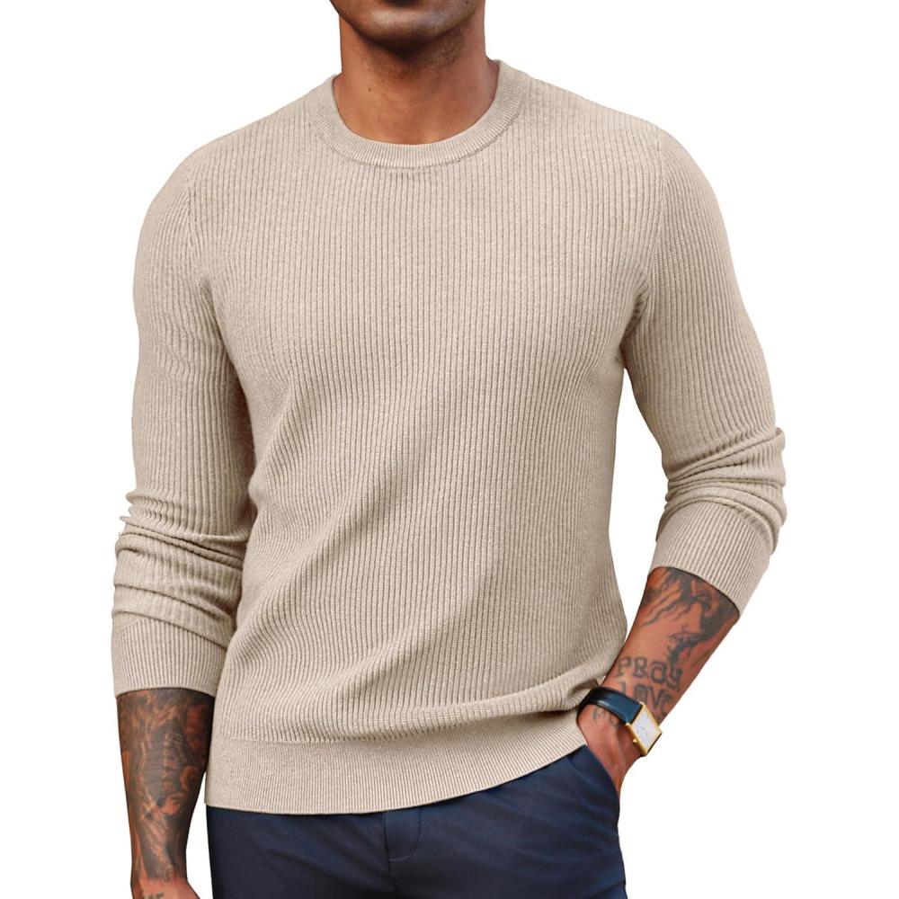 imagePJ PAUL JONES Mens Crewneck Sweaters Slim Fit Lightweight Knit Pullover Sweaters for CasualApricot