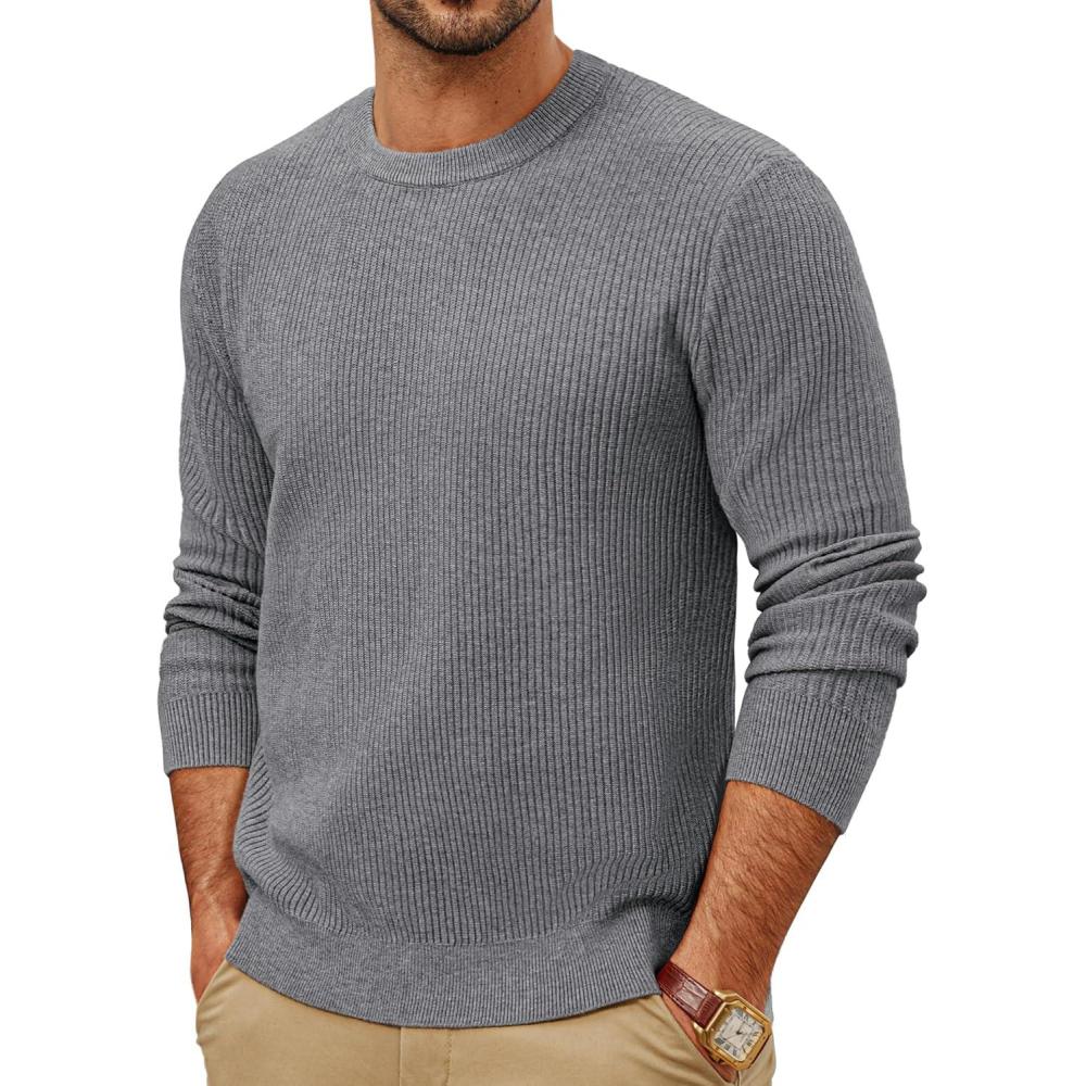 imagePJ PAUL JONES Mens Crewneck Sweaters Slim Fit Lightweight Knit Pullover Sweaters for CasualGray