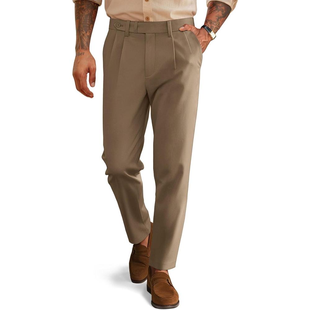 imagePJ PAUL JONES Mens Dress Pants Vintage Pleated Tapered Cropped Trousers Extended Waist Dress Pant Casual SlacksBrown