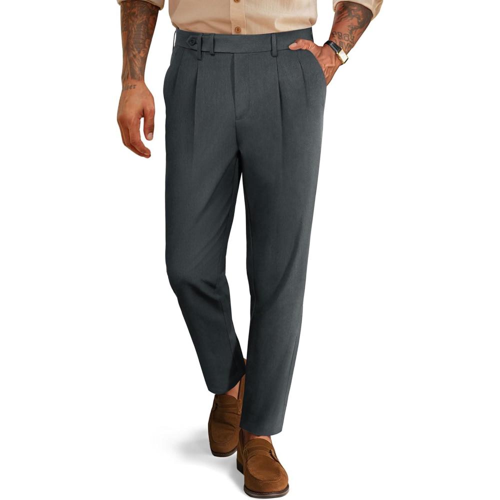 imagePJ PAUL JONES Mens Dress Pants Vintage Pleated Tapered Cropped Trousers Extended Waist Dress Pant Casual SlacksDark Gray