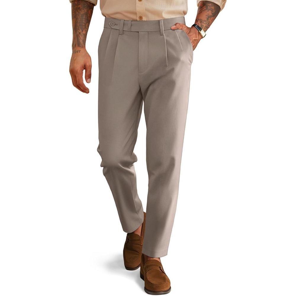 imagePJ PAUL JONES Mens Dress Pants Vintage Pleated Tapered Cropped Trousers Extended Waist Dress Pant Casual SlacksKhaki