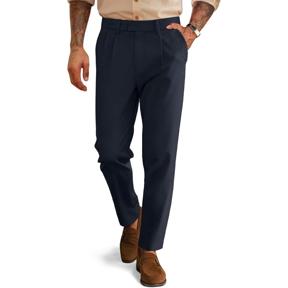 imagePJ PAUL JONES Mens Dress Pants Vintage Pleated Tapered Cropped Trousers Extended Waist Dress Pant Casual SlacksNavy Blue