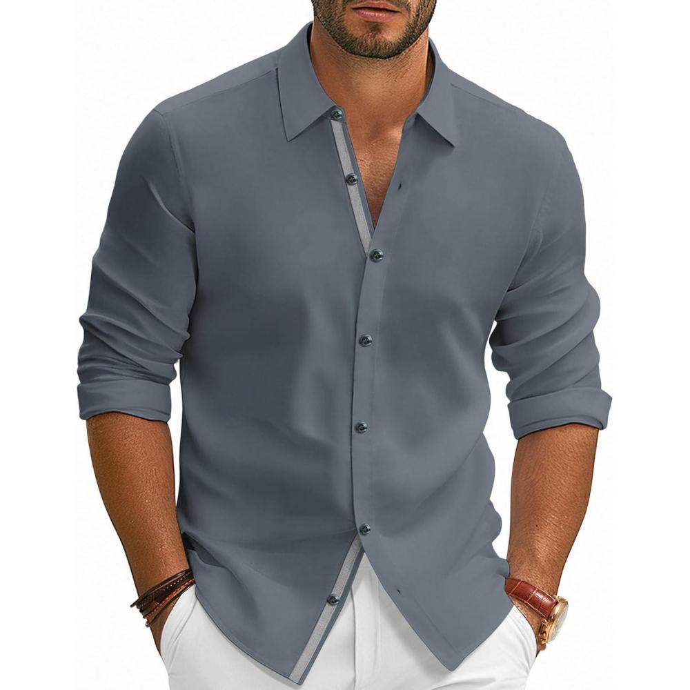 imagePJ PAUL JONES Mens Dress Shirts Wrinkle Free Stretch Button Down Shirt Casual Long Sleeve Business ShirtsBlue Gray