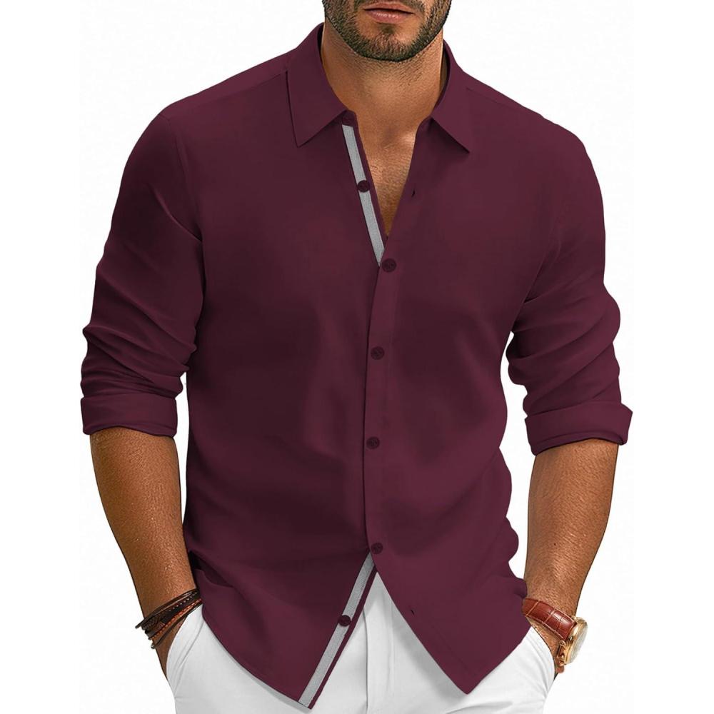 imagePJ PAUL JONES Mens Dress Shirts Wrinkle Free Stretch Button Down Shirt Casual Long Sleeve Business ShirtsBurgundy