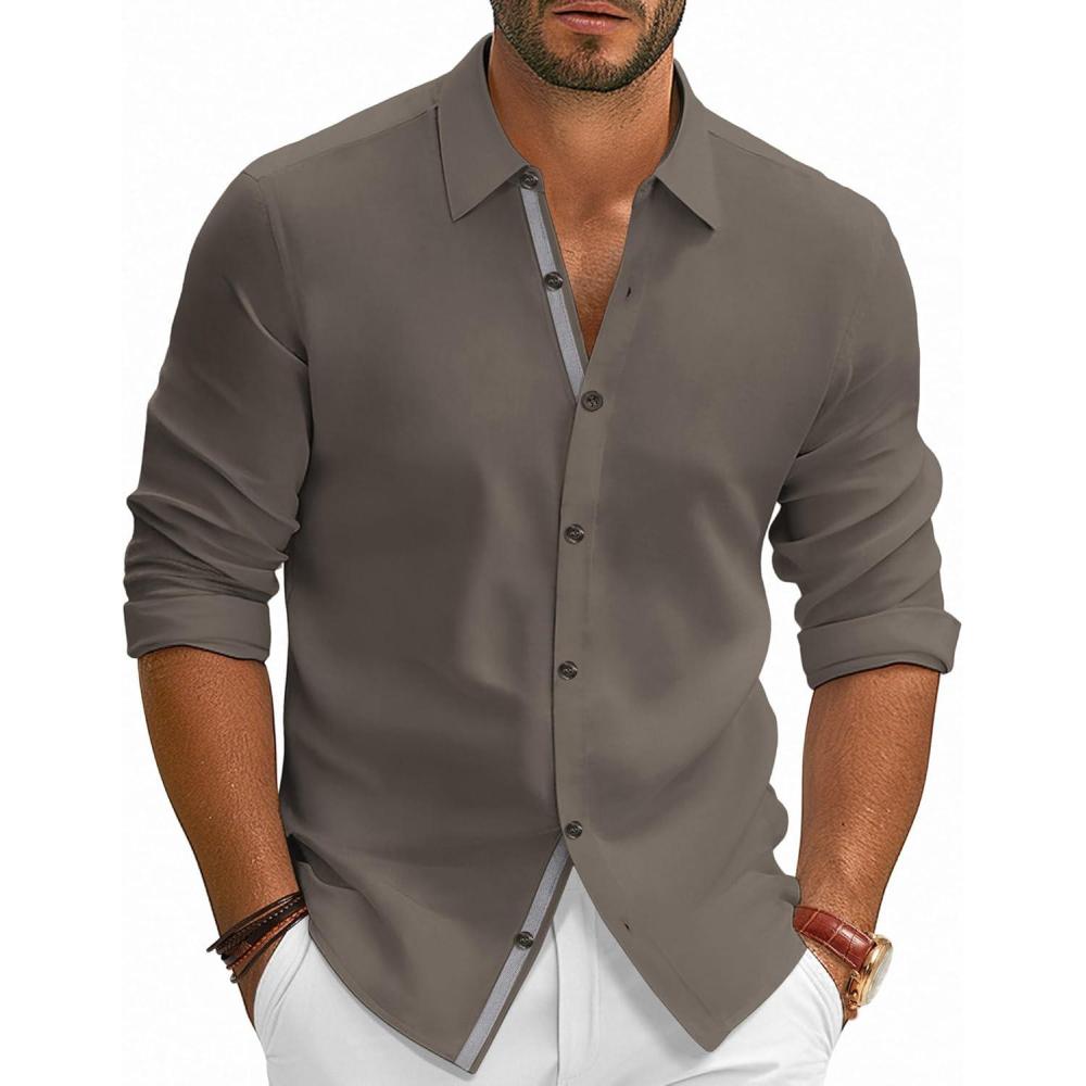 imagePJ PAUL JONES Mens Dress Shirts Wrinkle Free Stretch Button Down Shirt Casual Long Sleeve Business ShirtsCoffee