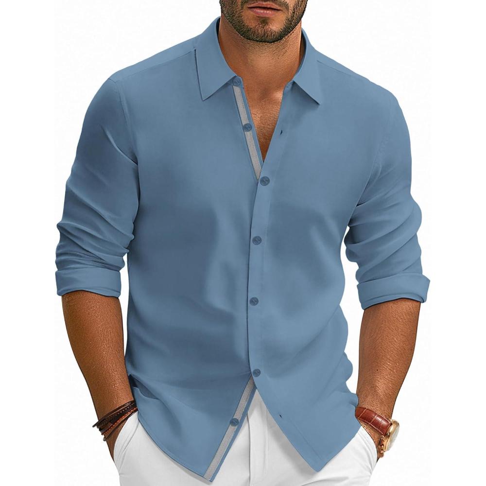 imagePJ PAUL JONES Mens Dress Shirts Wrinkle Free Stretch Button Down Shirt Casual Long Sleeve Business ShirtsGray Blue