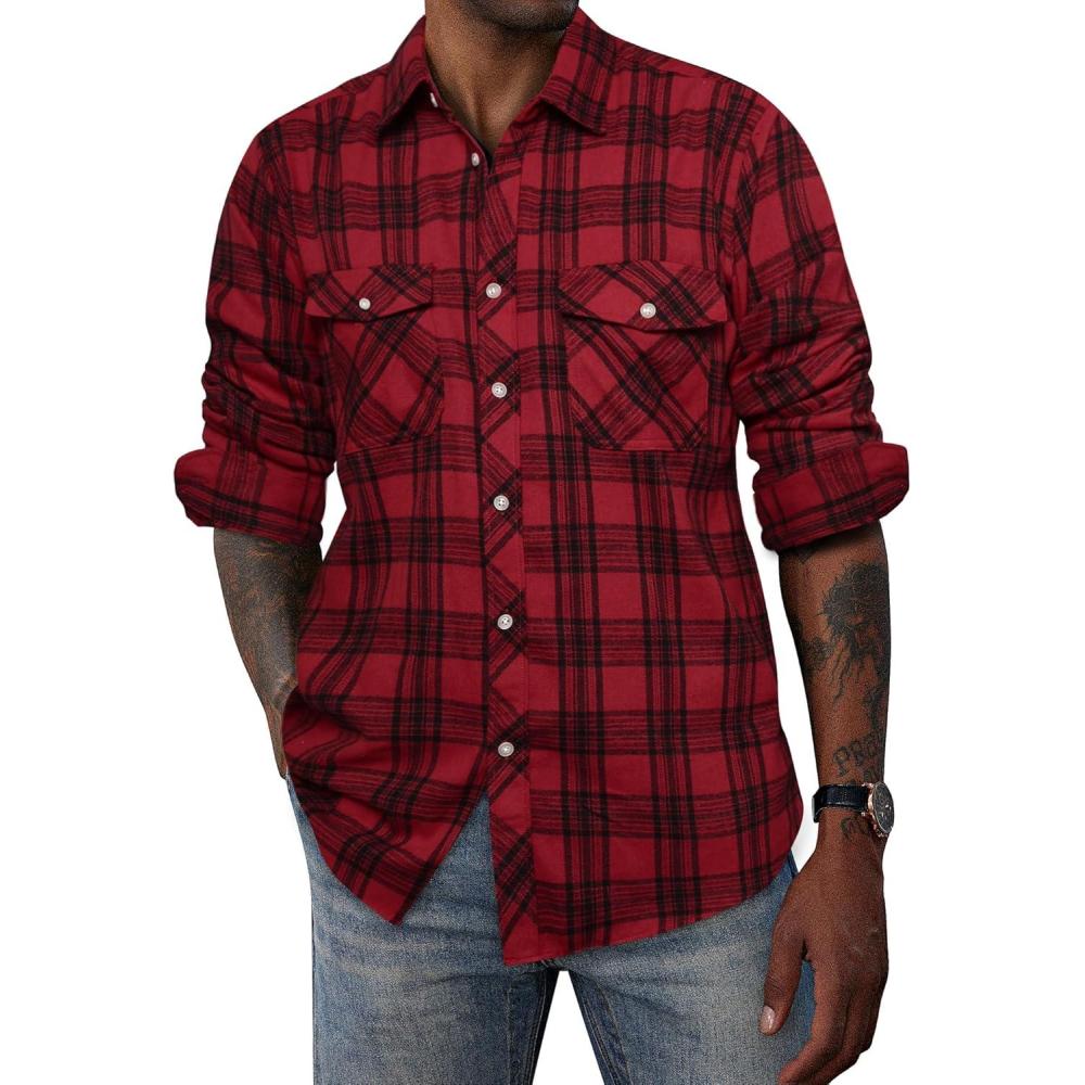 imagePJ PAUL JONES Mens Flannel Plaid Shirt Casual Long Sleeve Button Down Shirts with PocketsBig Red