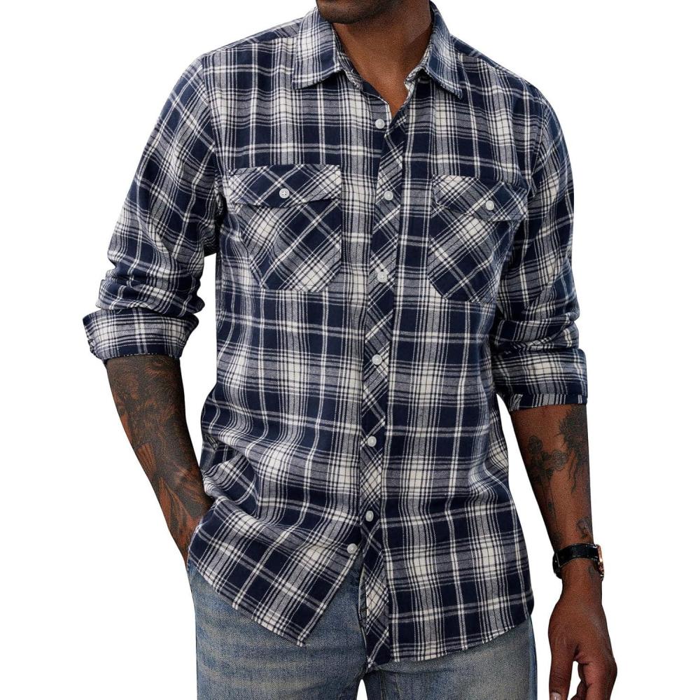 imagePJ PAUL JONES Mens Flannel Plaid Shirt Casual Long Sleeve Button Down Shirts with PocketsBlue White