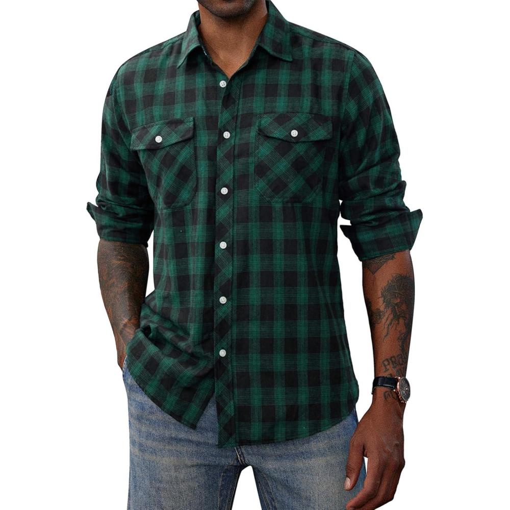 imagePJ PAUL JONES Mens Flannel Plaid Shirt Casual Long Sleeve Button Down Shirts with PocketsDark Green