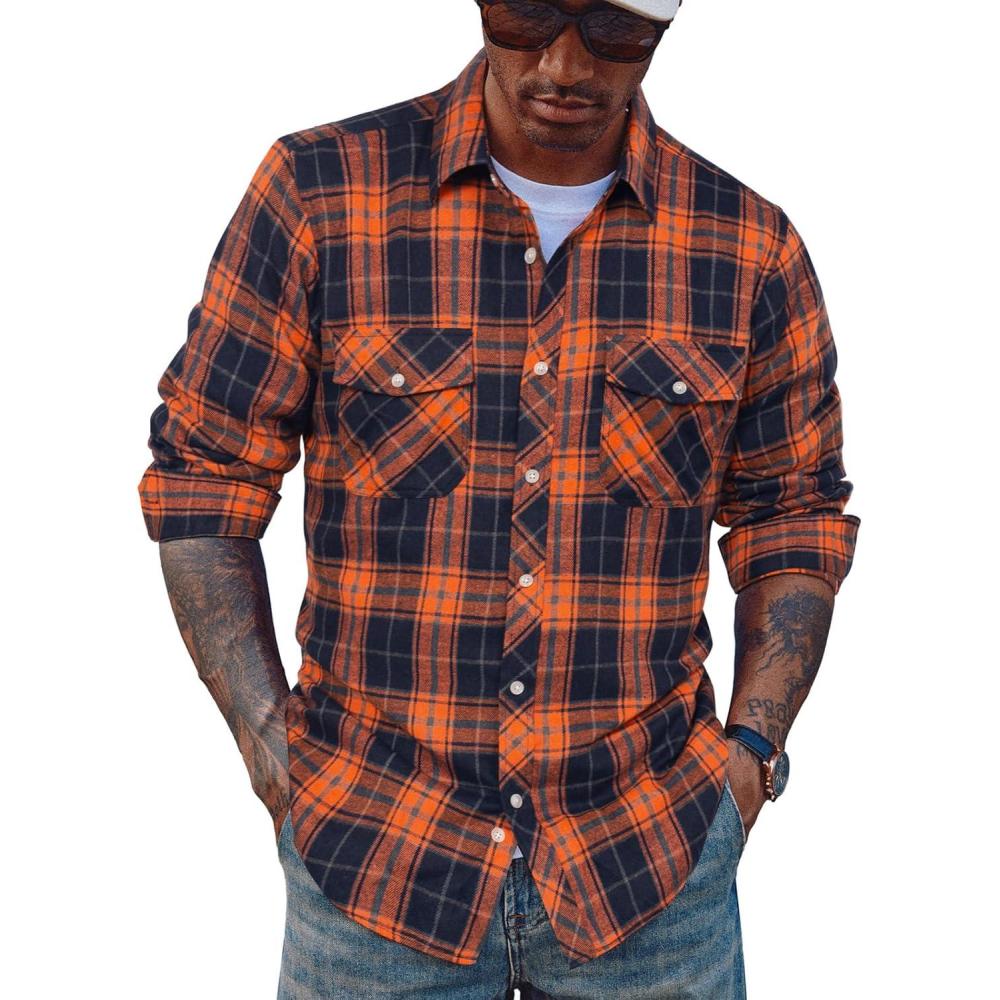 imagePJ PAUL JONES Mens Flannel Plaid Shirt Casual Long Sleeve Button Down Shirts with PocketsOrange