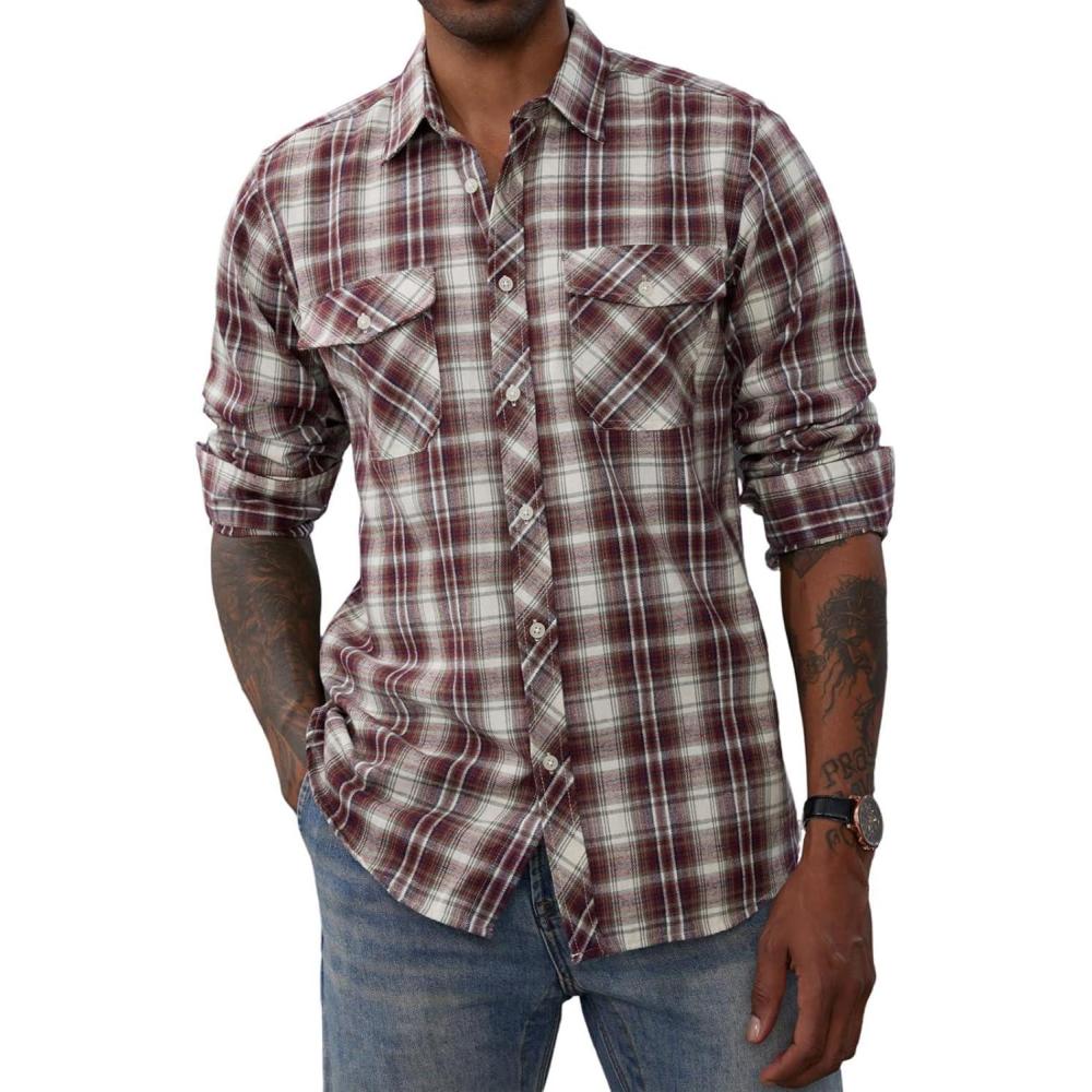 imagePJ PAUL JONES Mens Flannel Plaid Shirt Casual Long Sleeve Button Down Shirts with PocketsRed White