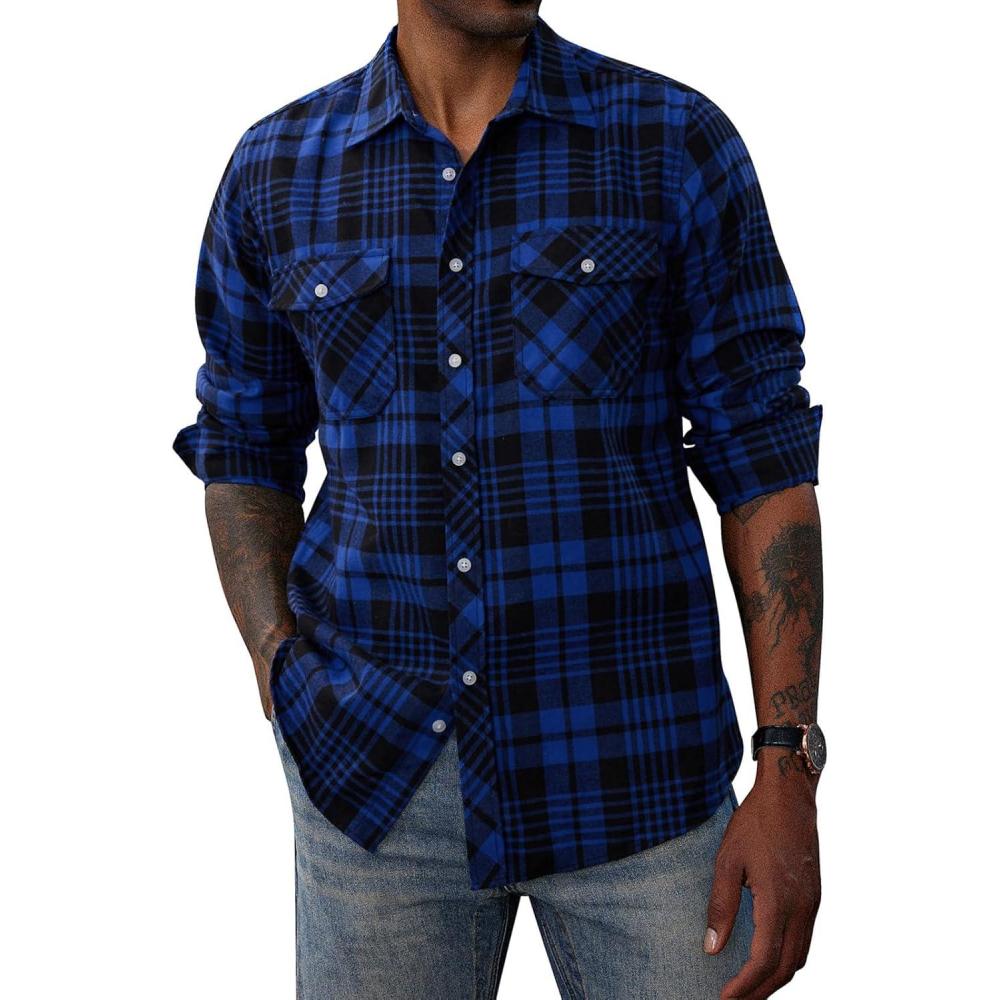 imagePJ PAUL JONES Mens Flannel Plaid Shirt Casual Long Sleeve Button Down Shirts with PocketsRoyal Blue