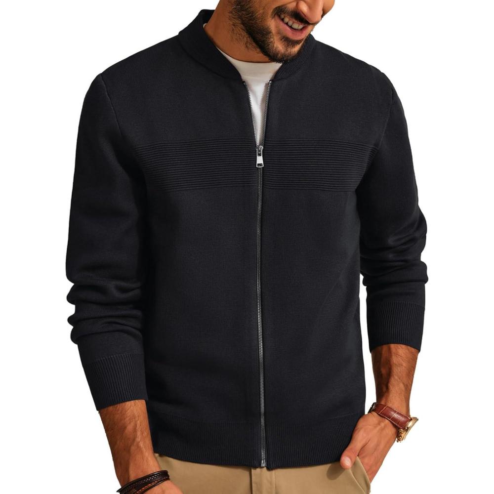 imagePJ PAUL JONES Mens Full Zip Cardigan Sweater Stand Collar Regular Fit Knit SweatersBlack