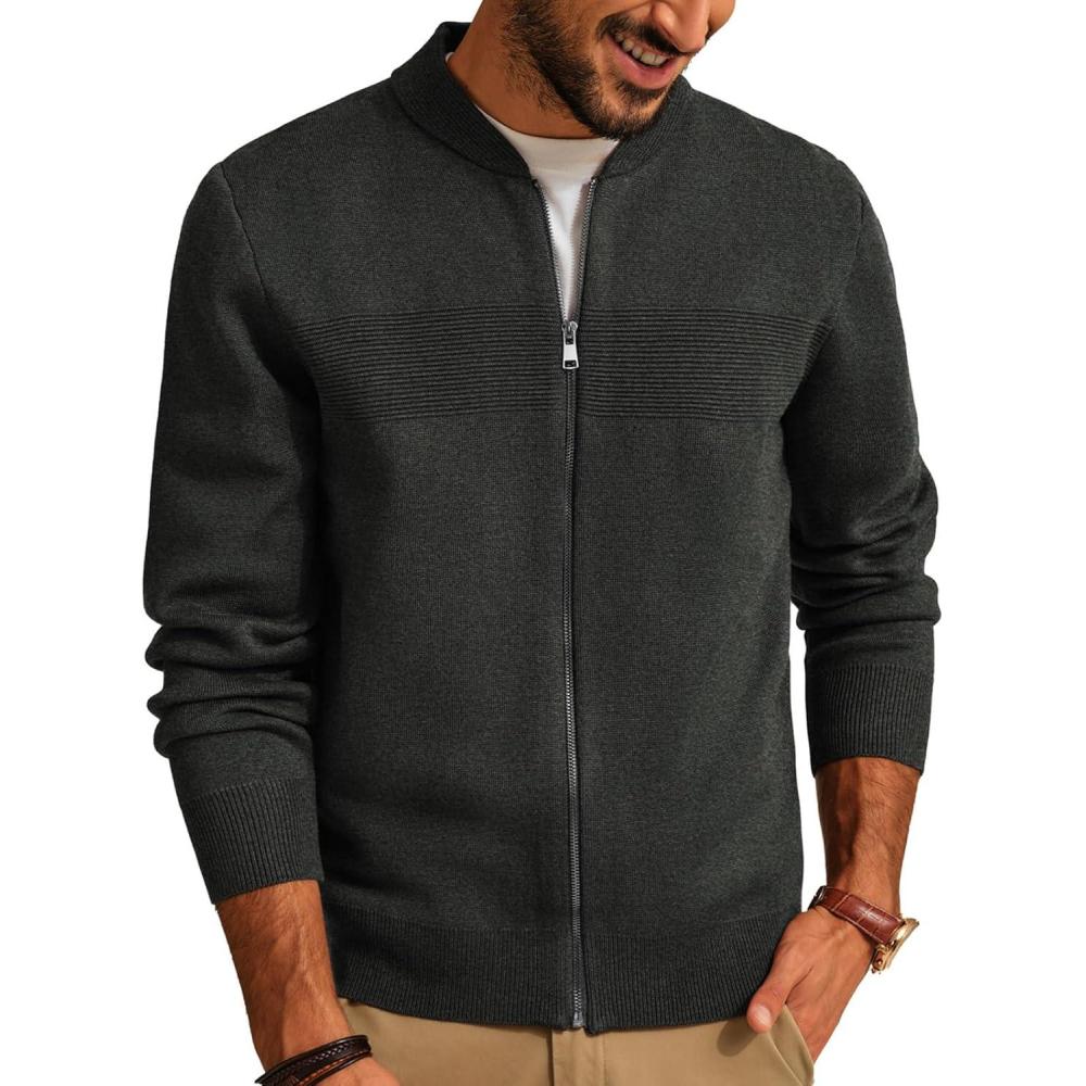 imagePJ PAUL JONES Mens Full Zip Cardigan Sweater Stand Collar Regular Fit Knit SweatersCharcoal Grey
