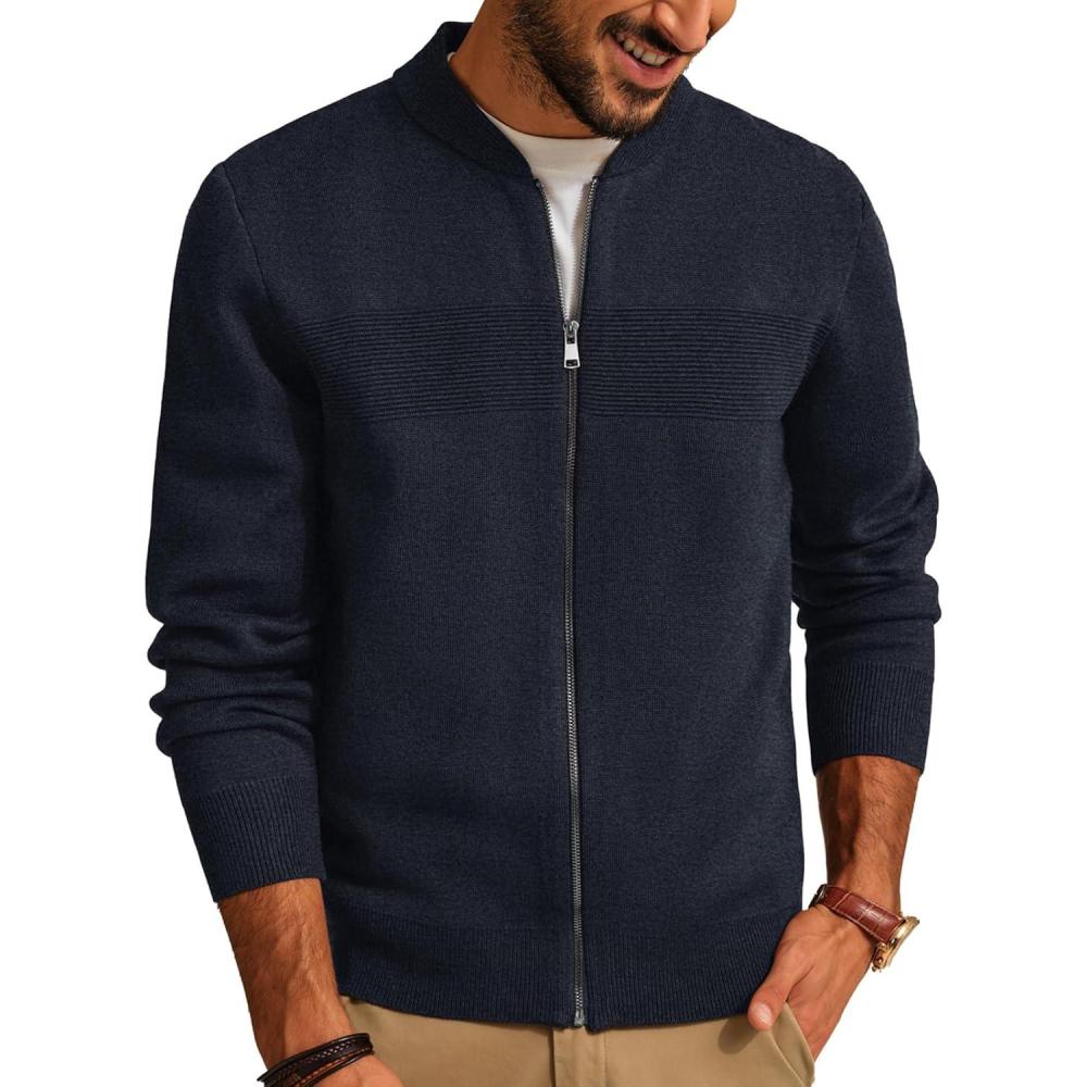 imagePJ PAUL JONES Mens Full Zip Cardigan Sweater Stand Collar Regular Fit Knit SweatersDark Blue