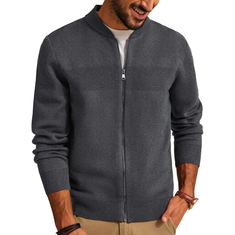 imagePJ PAUL JONES Mens Full Zip Cardigan Sweater Stand Collar Regular Fit Knit SweatersDark Grey