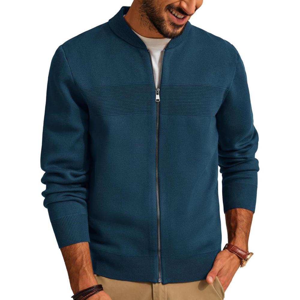 imagePJ PAUL JONES Mens Full Zip Cardigan Sweater Stand Collar Regular Fit Knit SweatersGrey Blue