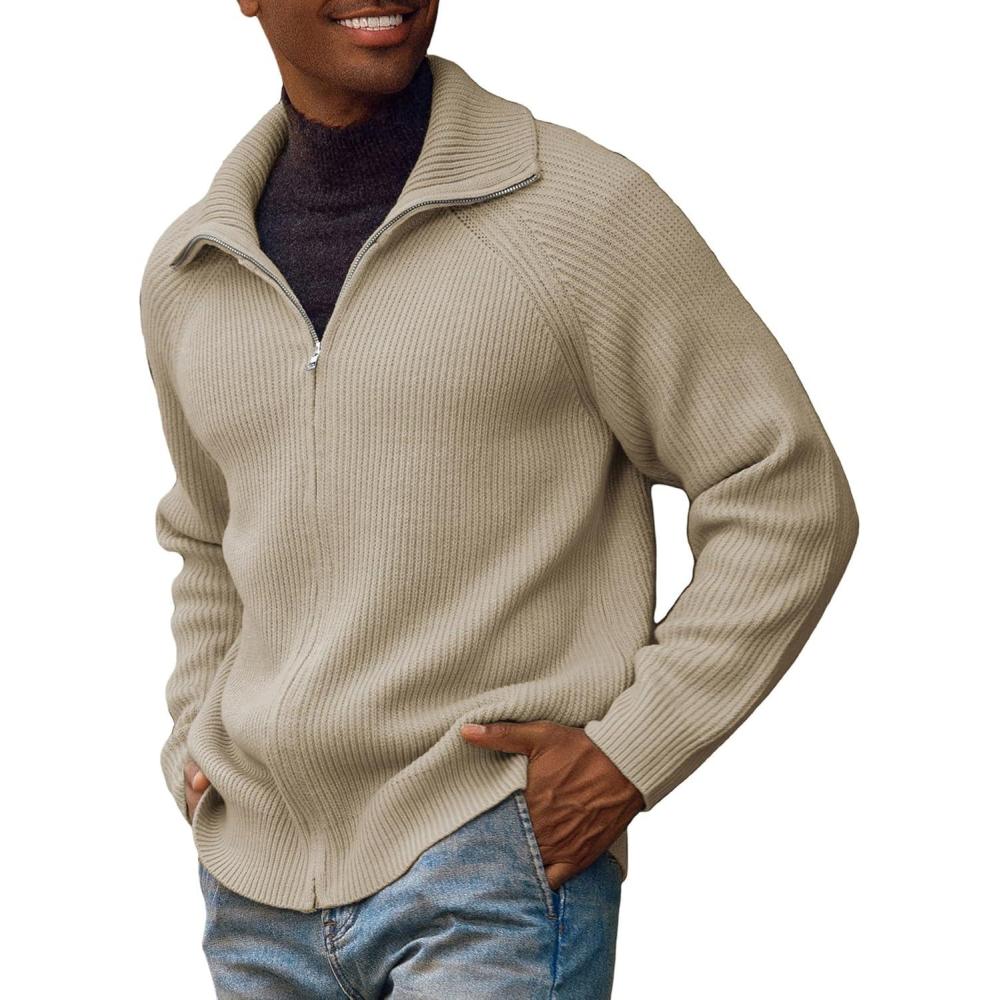 imagePJ PAUL JONES Mens Full Zip Cardigan Sweaters Unisex Relax Fit Lapel Collar Raglan Sleeve Casual Ribbed SweaterApricot