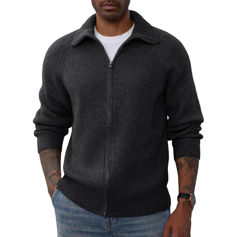 imagePJ PAUL JONES Mens Full Zip Cardigan Sweaters Unisex Relax Fit Lapel Collar Raglan Sleeve Casual Ribbed SweaterBlack Grey