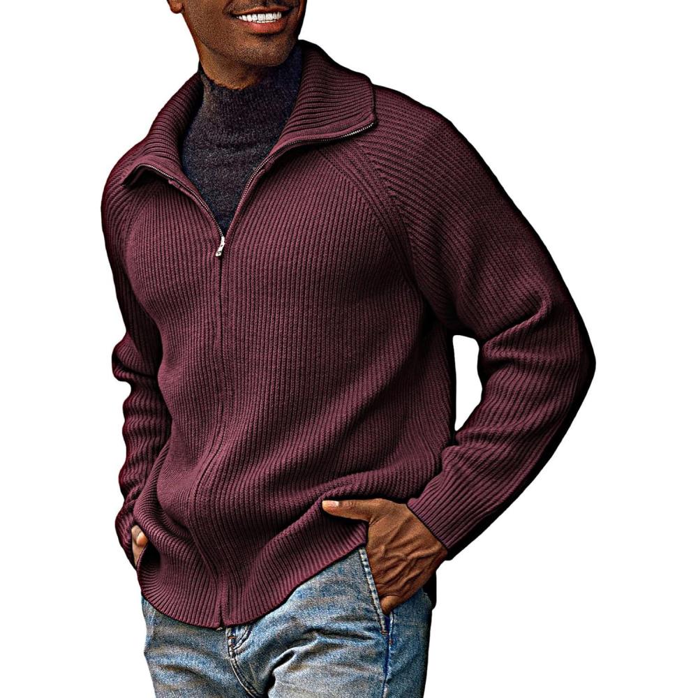 imagePJ PAUL JONES Mens Full Zip Cardigan Sweaters Unisex Relax Fit Lapel Collar Raglan Sleeve Casual Ribbed SweaterBurgundy