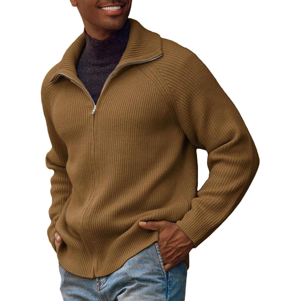 imagePJ PAUL JONES Mens Full Zip Cardigan Sweaters Unisex Relax Fit Lapel Collar Raglan Sleeve Casual Ribbed SweaterCaramel