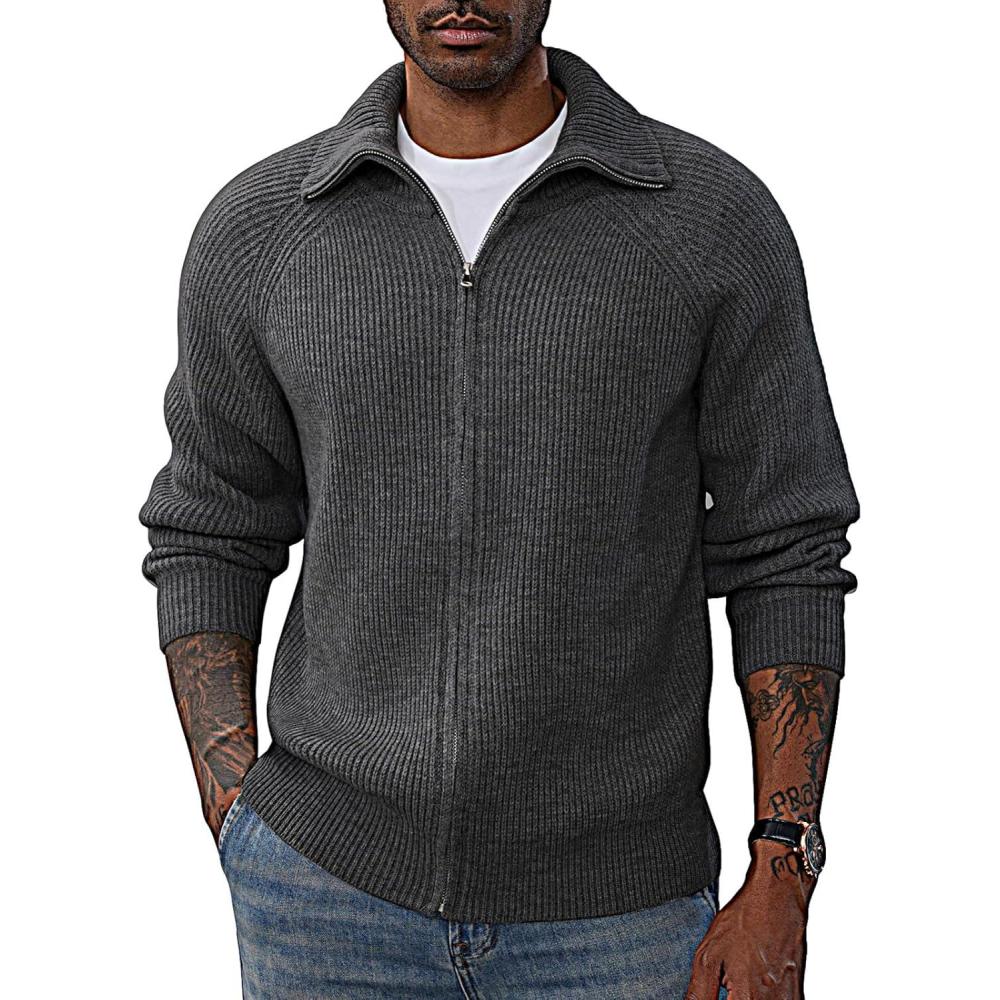 imagePJ PAUL JONES Mens Full Zip Cardigan Sweaters Unisex Relax Fit Lapel Collar Raglan Sleeve Casual Ribbed SweaterDark Grey