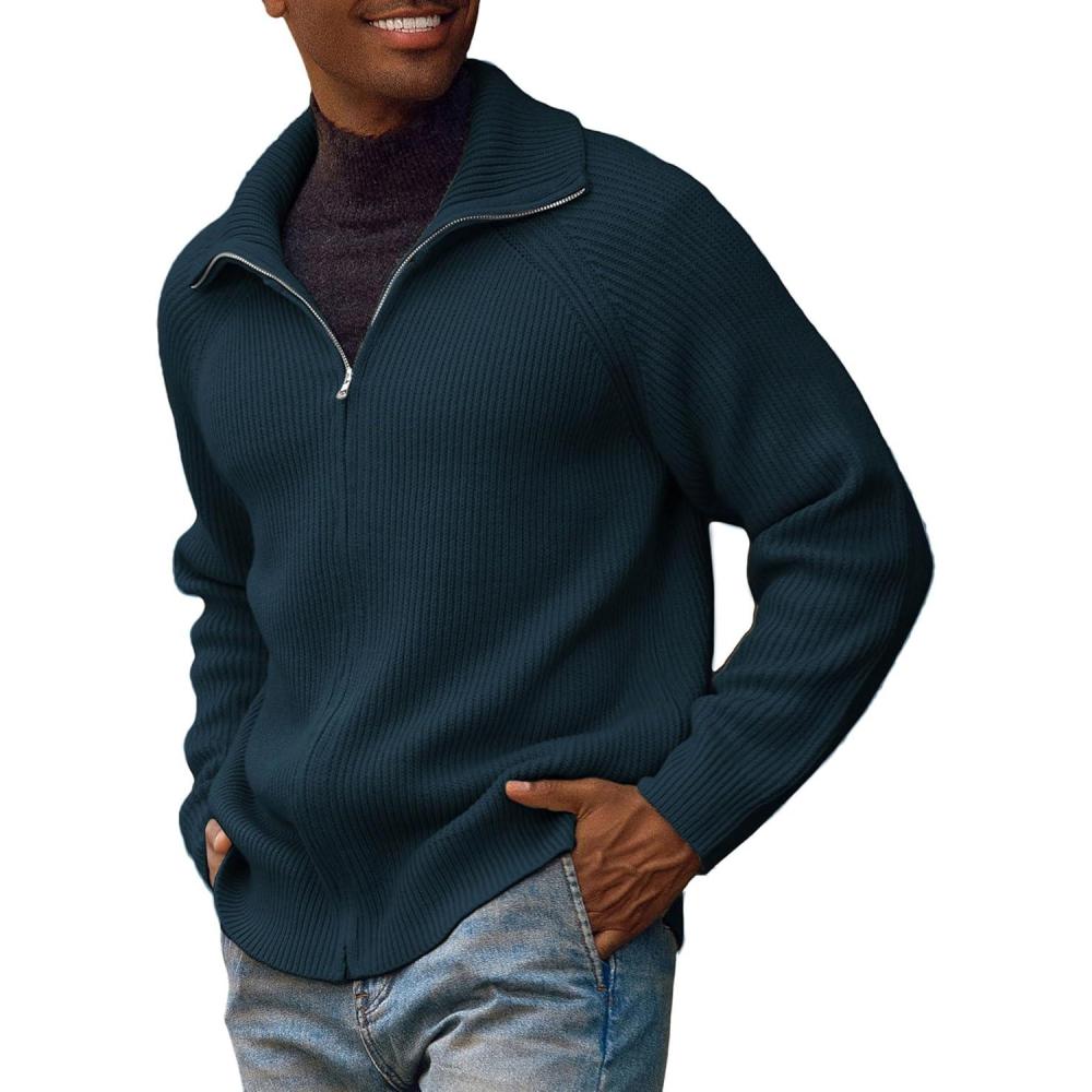 imagePJ PAUL JONES Mens Full Zip Cardigan Sweaters Unisex Relax Fit Lapel Collar Raglan Sleeve Casual Ribbed SweaterDenim Blue