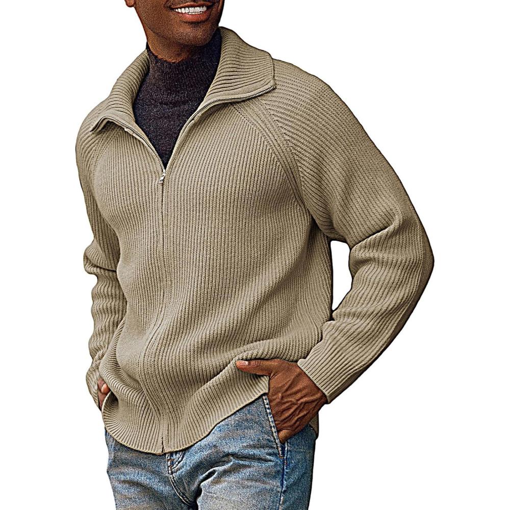imagePJ PAUL JONES Mens Full Zip Cardigan Sweaters Unisex Relax Fit Lapel Collar Raglan Sleeve Casual Ribbed SweaterKhaki
