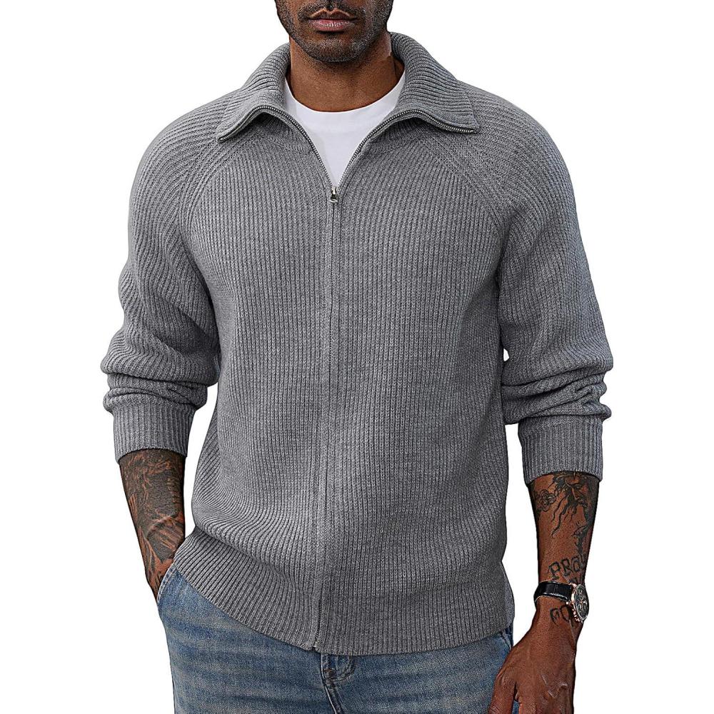 imagePJ PAUL JONES Mens Full Zip Cardigan Sweaters Unisex Relax Fit Lapel Collar Raglan Sleeve Casual Ribbed SweaterLight Grey