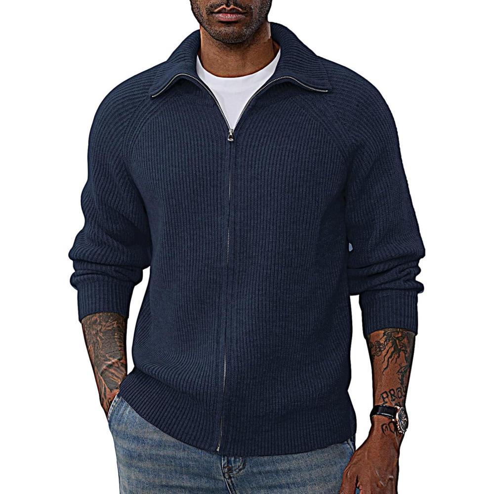 imagePJ PAUL JONES Mens Full Zip Cardigan Sweaters Unisex Relax Fit Lapel Collar Raglan Sleeve Casual Ribbed SweaterNavy