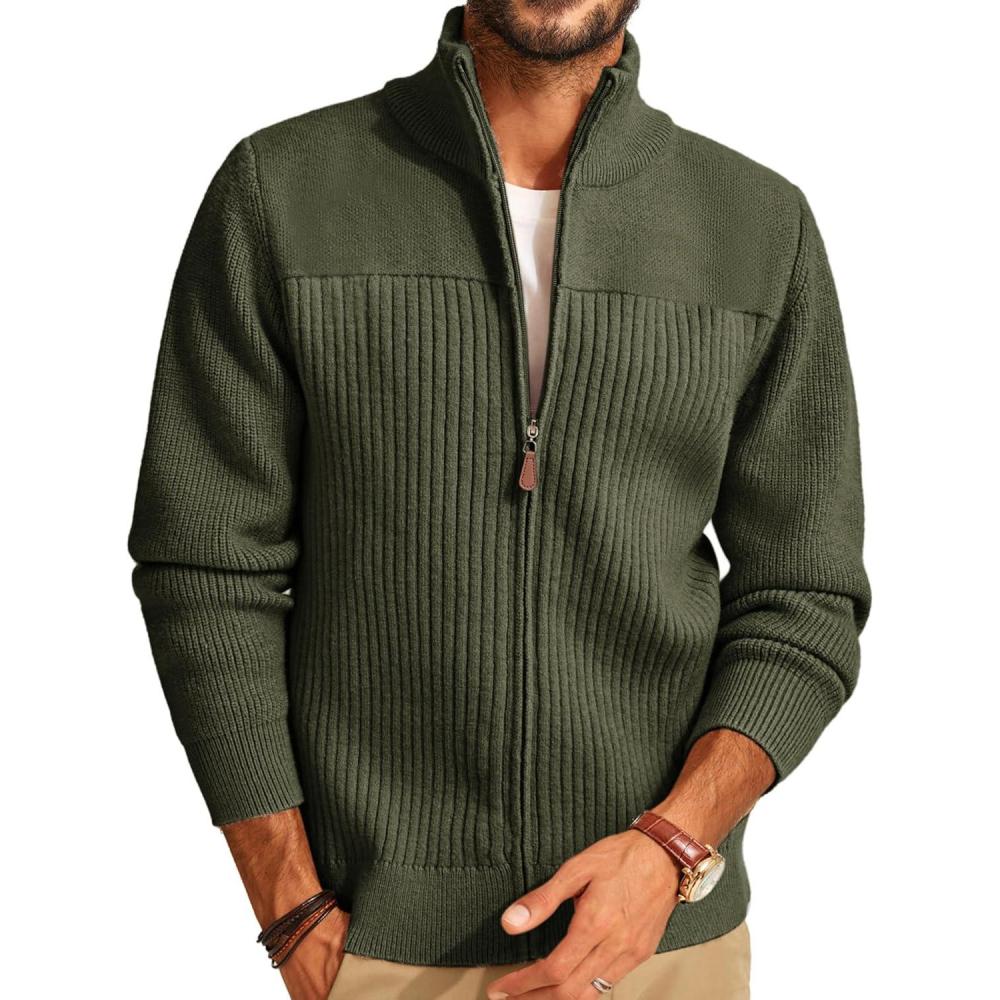imagePJ PAUL JONES Mens Full Zipper Cardigan Casual Stand Collar Cardigan Sweater Ribbed Knit Long Sleeve SweaterArmy Green