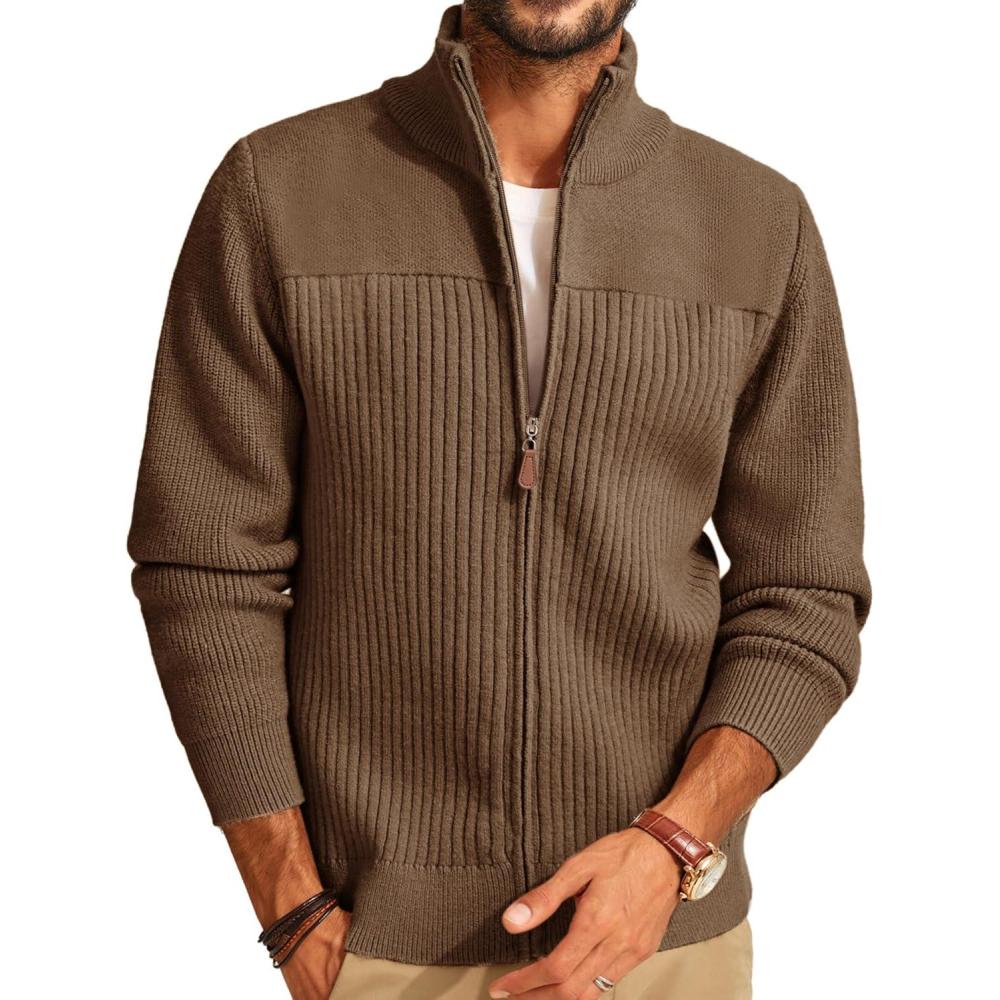 imagePJ PAUL JONES Mens Full Zipper Cardigan Casual Stand Collar Cardigan Sweater Ribbed Knit Long Sleeve SweaterCoffee