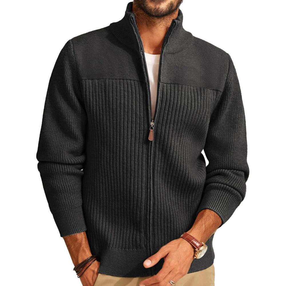 imagePJ PAUL JONES Mens Full Zipper Cardigan Casual Stand Collar Cardigan Sweater Ribbed Knit Long Sleeve SweaterDark Grey