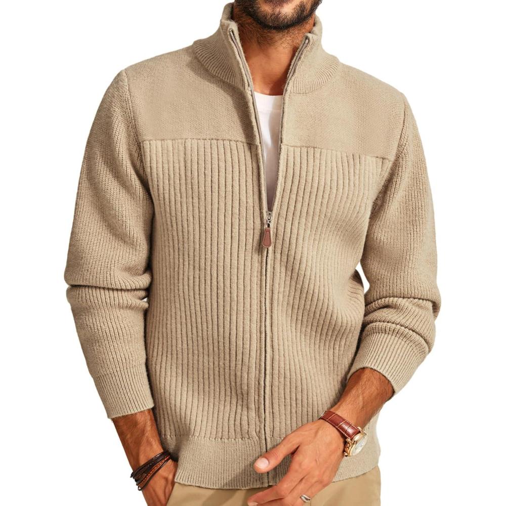 imagePJ PAUL JONES Mens Full Zipper Cardigan Casual Stand Collar Cardigan Sweater Ribbed Knit Long Sleeve SweaterKhaki