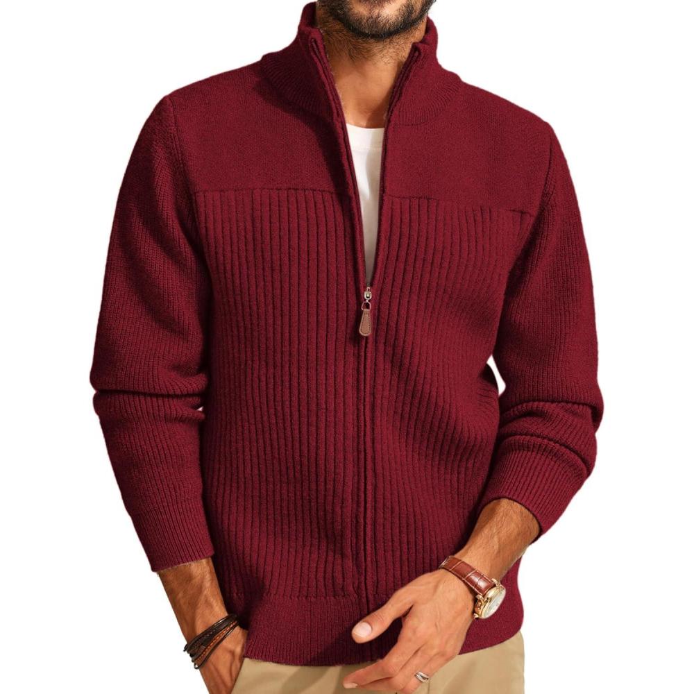 imagePJ PAUL JONES Mens Full Zipper Cardigan Casual Stand Collar Cardigan Sweater Ribbed Knit Long Sleeve SweaterRed