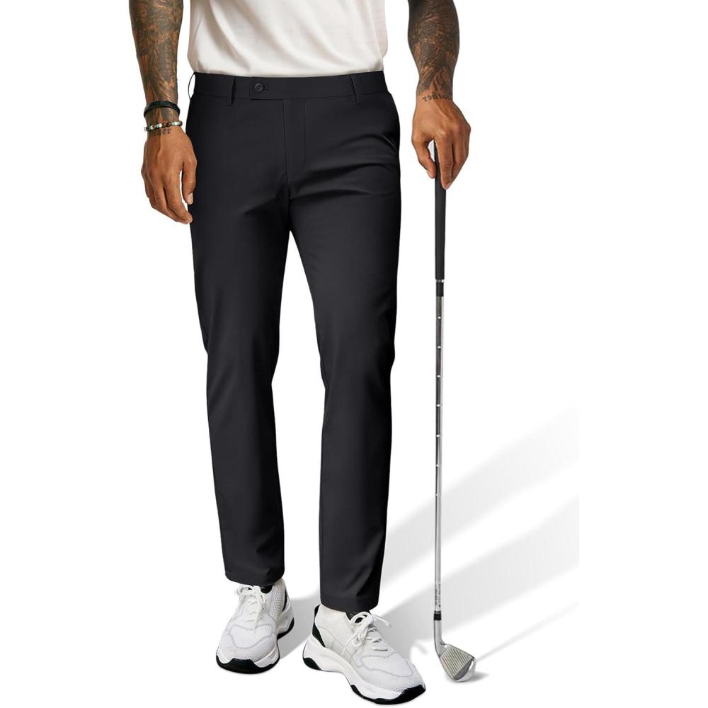 imagePJ PAUL JONES Mens Golf Pants 4Way Stretch Lightweight Work Casual Trousers Slim Fit Dress Pants with PocketsBlackd