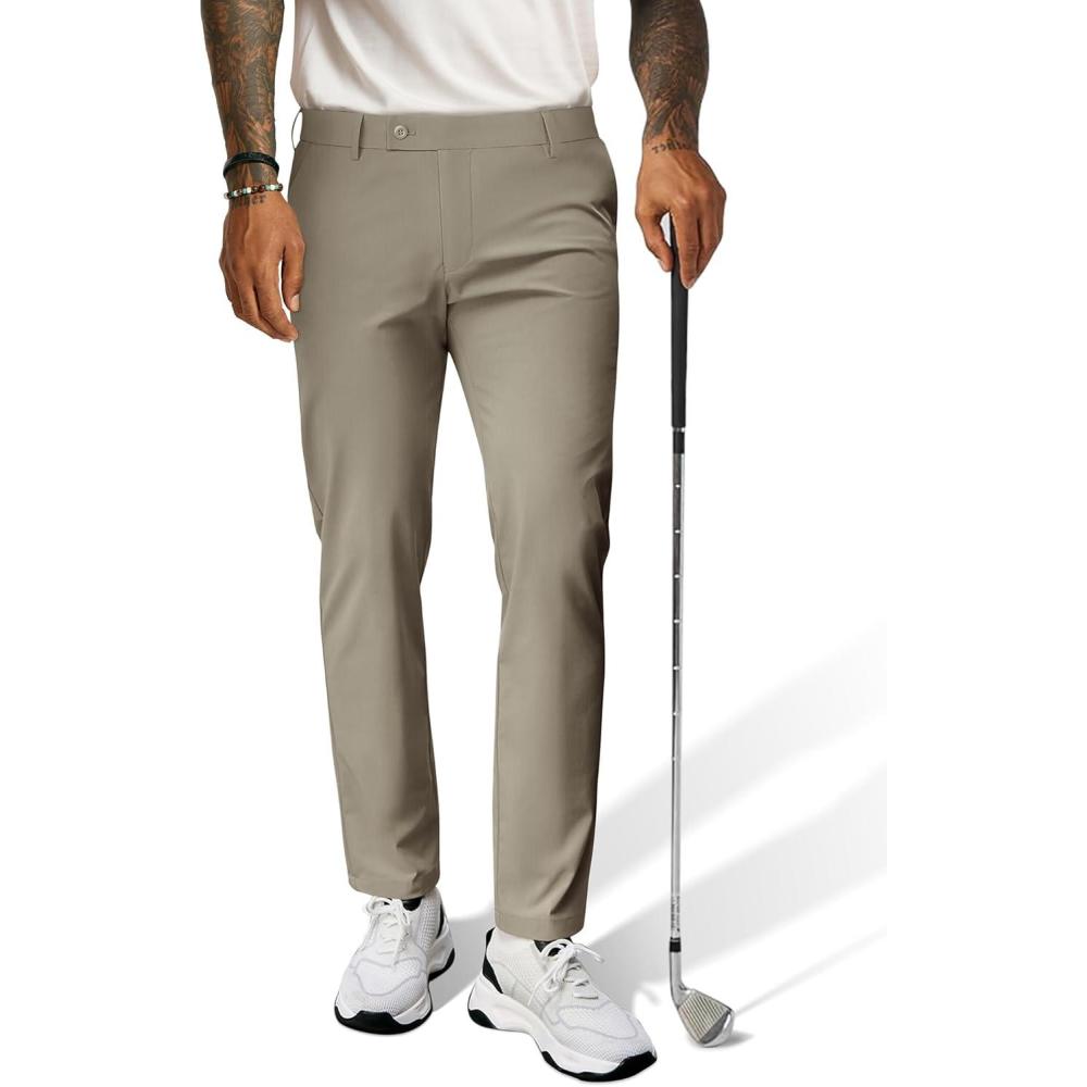 imagePJ PAUL JONES Mens Golf Pants 4Way Stretch Lightweight Work Casual Trousers Slim Fit Dress Pants with PocketsKhakid