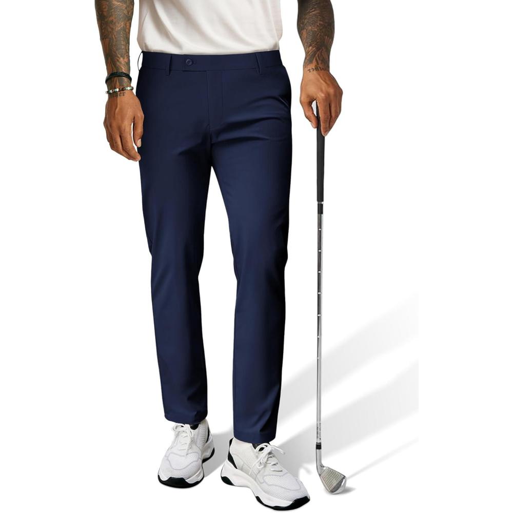 imagePJ PAUL JONES Mens Golf Pants 4Way Stretch Lightweight Work Casual Trousers Slim Fit Dress Pants with PocketsNavy Blued