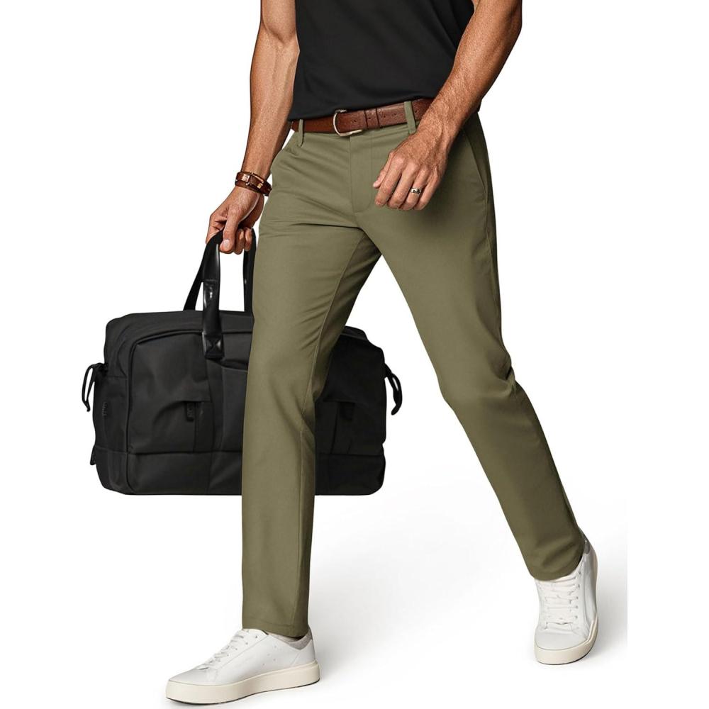 imagePJ PAUL JONES Mens Golf Pants Stretch Work Dress Pant Casual Classic Fit Lightweight Slacks Trousers with 5 PocketsArmy Green
