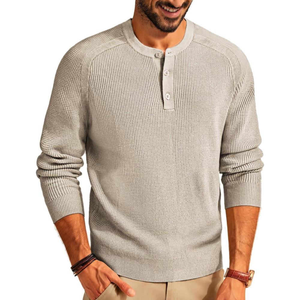 imagePJ PAUL JONES Mens Henley Long Sleeve Sweaters Solid Color Soft Warm Pullover SweatersBeige