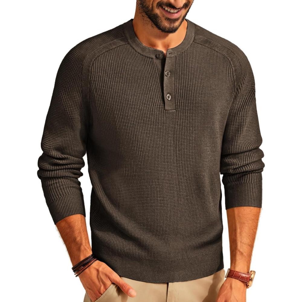 imagePJ PAUL JONES Mens Henley Long Sleeve Sweaters Solid Color Soft Warm Pullover SweatersBrown