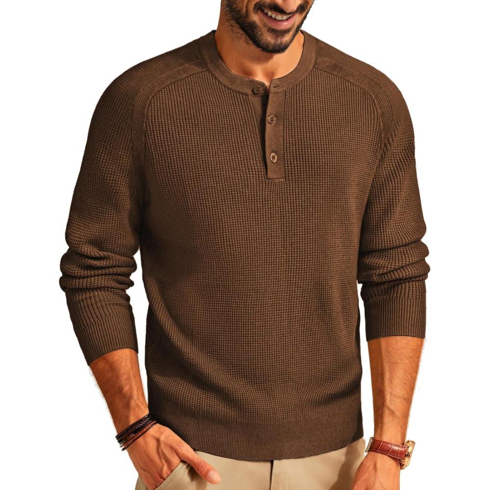 imagePJ PAUL JONES Mens Henley Long Sleeve Sweaters Solid Color Soft Warm Pullover SweatersCoffee