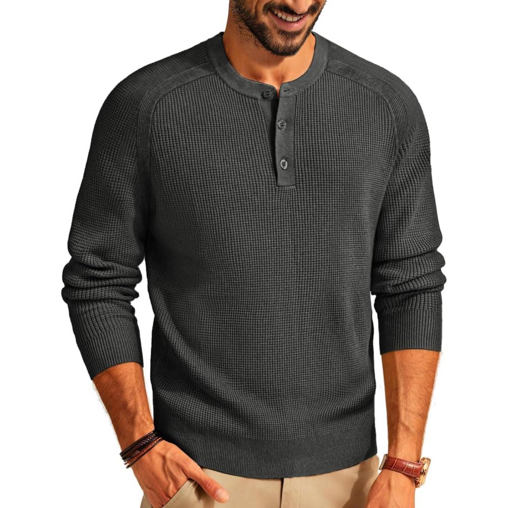 imagePJ PAUL JONES Mens Henley Long Sleeve Sweaters Solid Color Soft Warm Pullover SweatersDark Grey