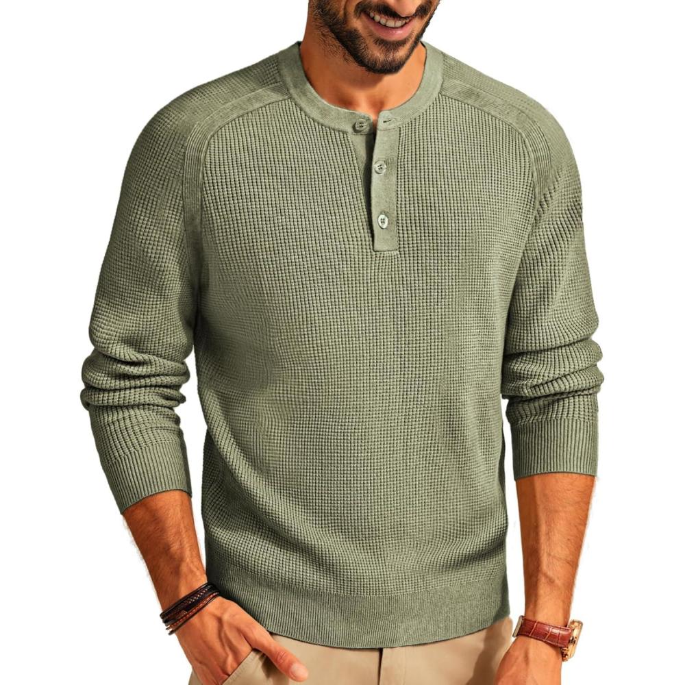 imagePJ PAUL JONES Mens Henley Long Sleeve Sweaters Solid Color Soft Warm Pullover SweatersLight Green